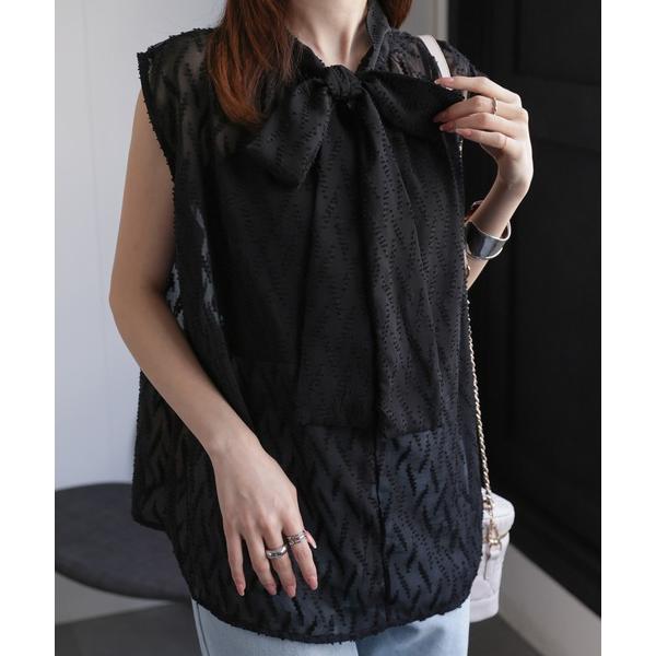 ブラウス シャツ ボウタイノースリーブブラウス レディース