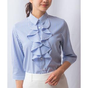 ブラウス シャツ 「NARACAMICIE」ストレッチストライプフリル七分袖シャツ レディース