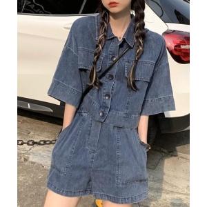 セットアップ クロップド デニム シャツ ＆  ハイウエスト ショートパンツ デニムセットアップ レディース