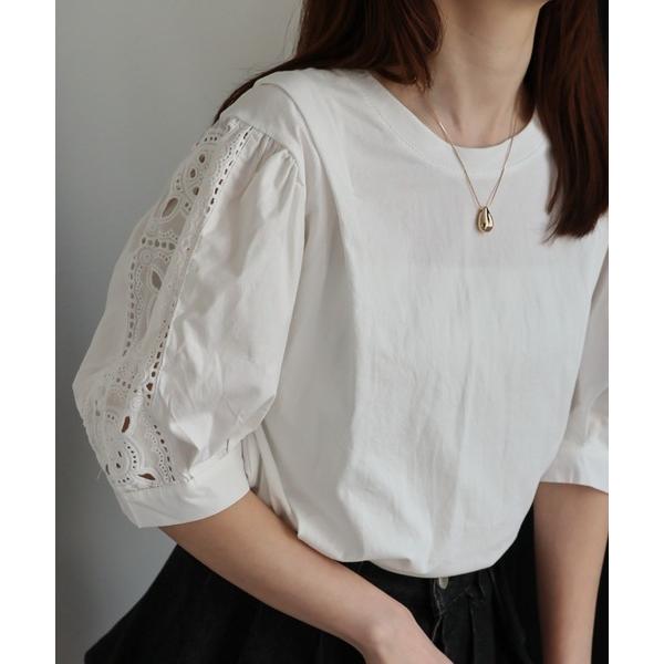 tシャツ 「レディース商品」カットワーク刺しゅうドッキングTシャツ レディース