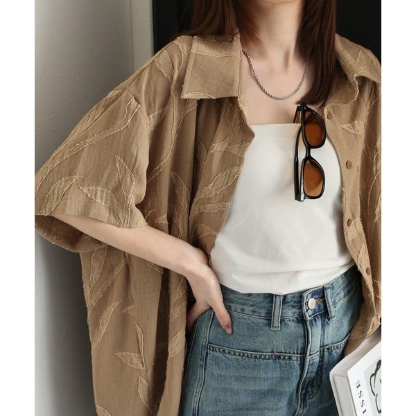 ブラウス シャツ 「ユニセックス商品」リーフ柄半袖シャツ/前後差ヘム レディース メンズ