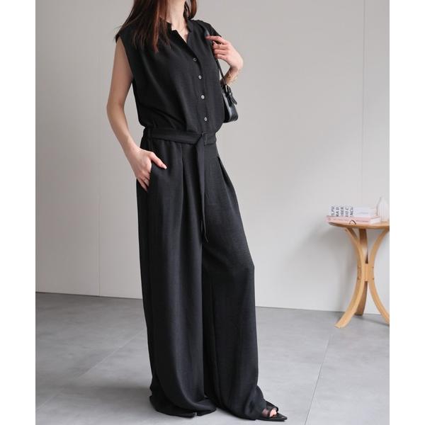 オールインワン 麻混タックオールインワン レディース