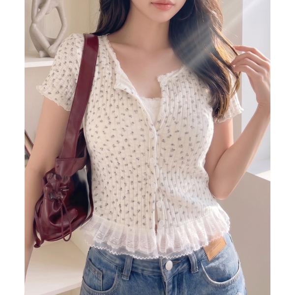 ヘンリーネック tシャツ 半袖 レースデザイン 小花柄 ヘンリーネック トップス レディース
