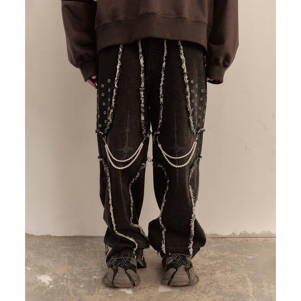 ワイドパンツ ジーンズ LIBERE リベーレ / DESTROYED CROSS DENIM PA...