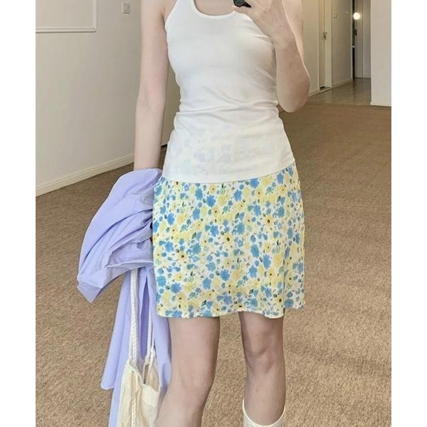 スカート ヴィンテージ風 コントラストカラー×フラワープリント ミニスカート 日常＆シンプル