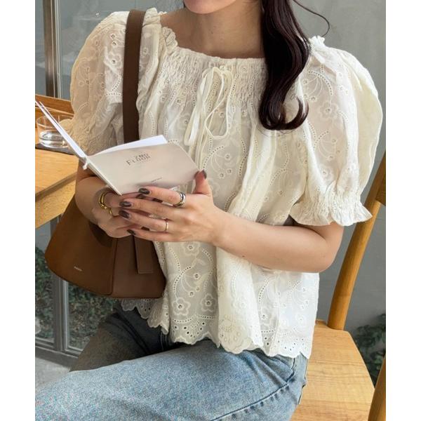 ブラウス シャツ アイレットレース パフスリーブ ブラウス レディース