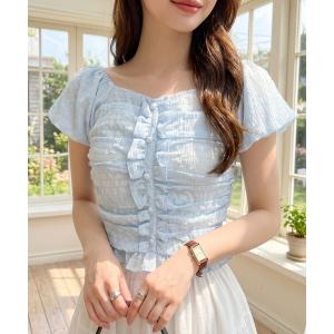 tシャツ 半袖 「細見え」フロントリボンシャーリングクロップド