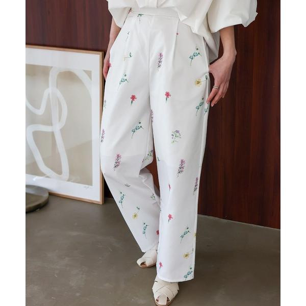 スラックス パンツ フラワープリント 花柄 フルレングス パンツ 総柄ボトム レディース