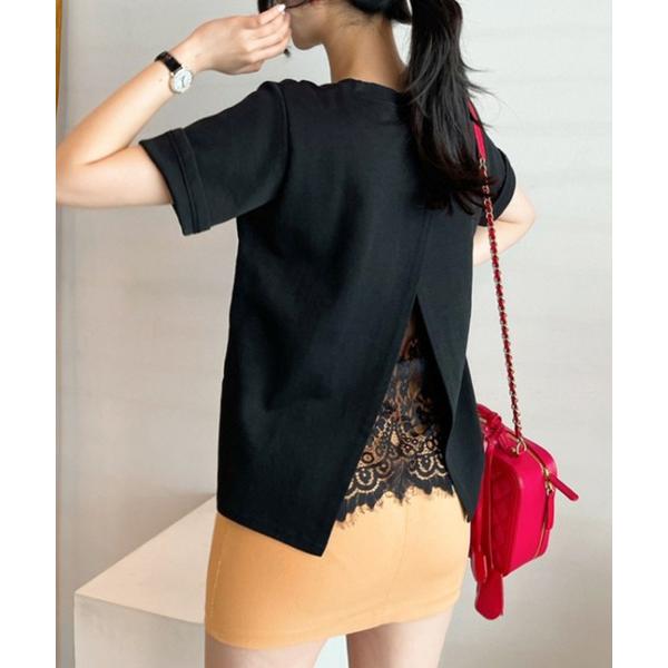 tシャツ バックカシュクールレース切替半袖トップス レディース