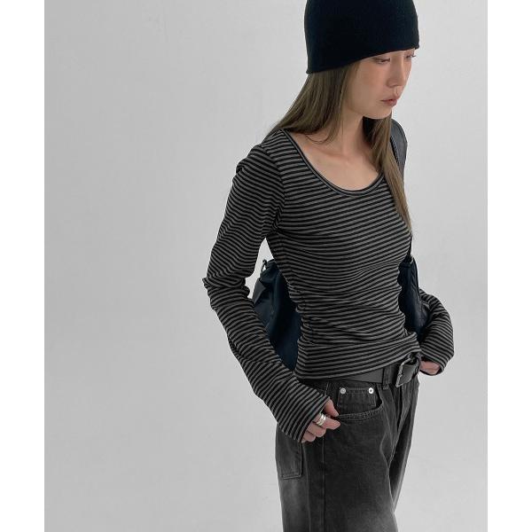 tシャツ 「MADE」 リンプストライプUネック長袖Tシャツ レディース