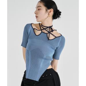 ニット セーター 2way design code neck　イレリブ配色トップス レディース