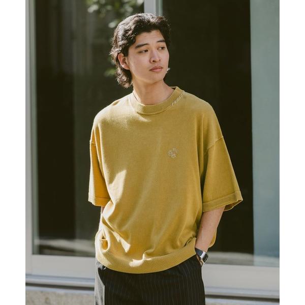 tシャツ ピグメント/ワンポイントモチーフ刺繍ニットTシャツ メンズ