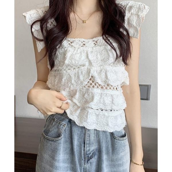tシャツ フリルクロシェ ノースリーブトップス レディース