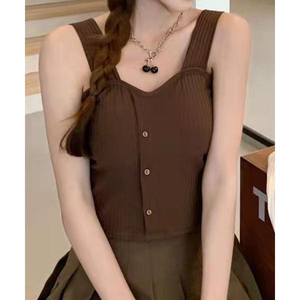 キャミソール カップ付フェイクボタン リブ キャミソール