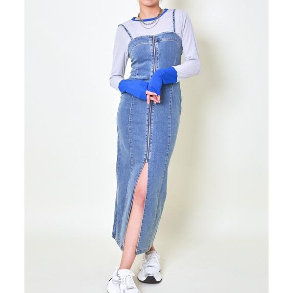 ワンピース 「スリット×タイトライン」レディース デニムロングワンピース ジップデザイン 春夏秋