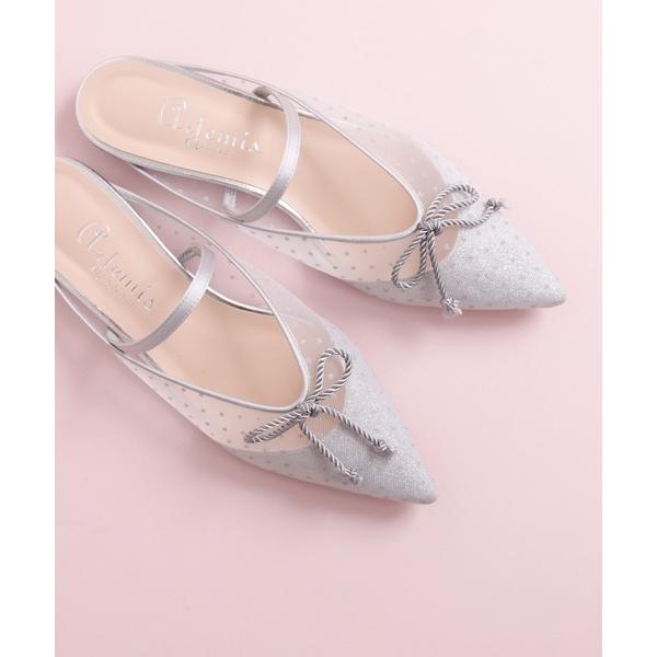 パンプス ドットチュール　ワンストラップフラットミュール