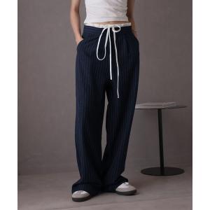 スラックス パンツ ダブルウエストレイヤードピンストライプスラックス レディース