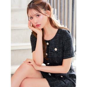 ドレス 「豪華ラメツイード」きらめく上品美人に！ラメツイード パールボタン 半袖タイトミニドレス