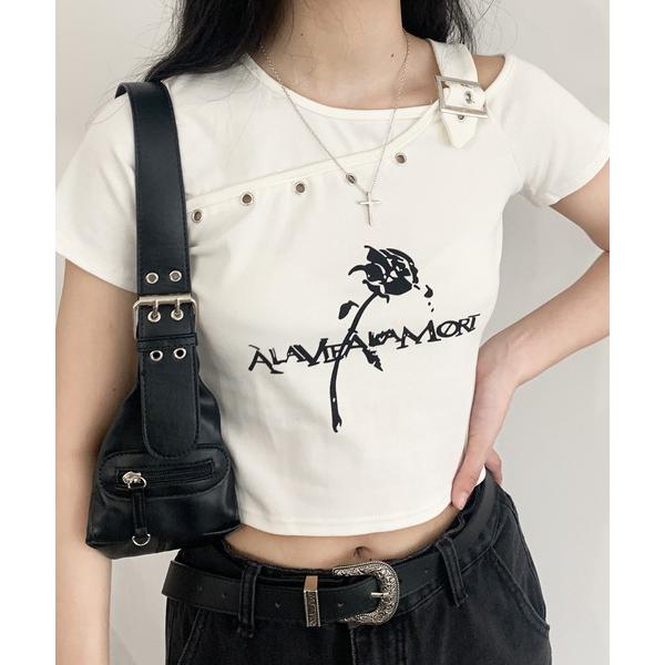 tシャツ ワンショルダーベルトデザインクロップド丈トップス アイレットデザイン バラモチーフ レディ...