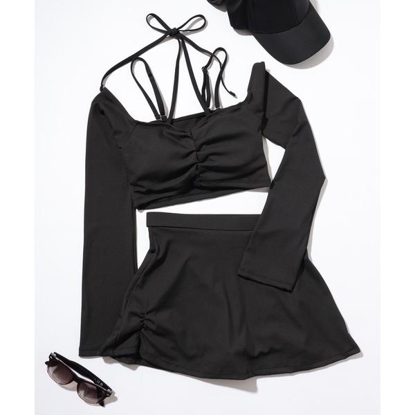 水着 「2点セット」ソリッドカラー オフショル ロングスリーブ スイムウエア レディース