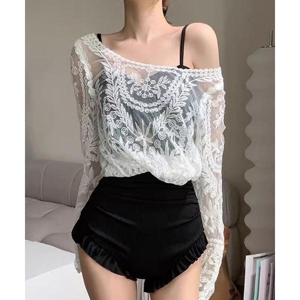 水着 「2点セット」刺繍 トップス付き カットアウト オールインワン 水着 レディース