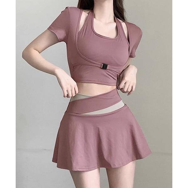 水着 「2点セット」配色 レイヤード ホルターネック 半袖 セパレート スイムウェア レディース