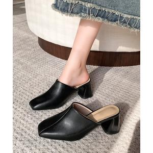 サンダル レザー調 ワイドアッパー スクエアトゥ ミュール ヒール サンダル レディース