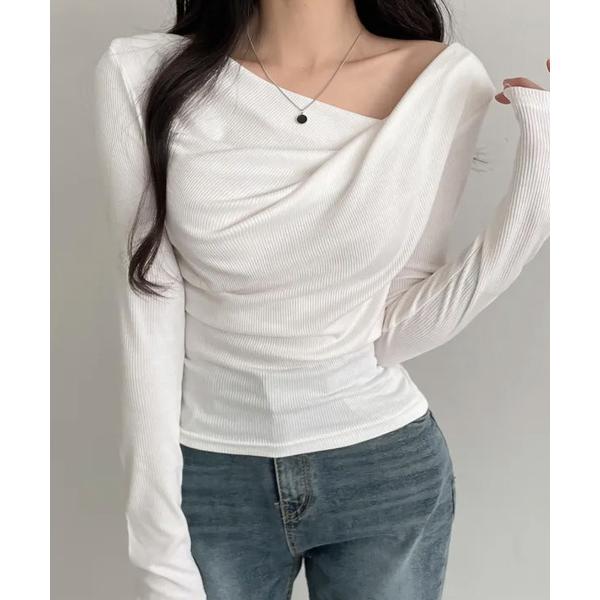 tシャツ ドレープ リブＴシャツ 長袖 レディース