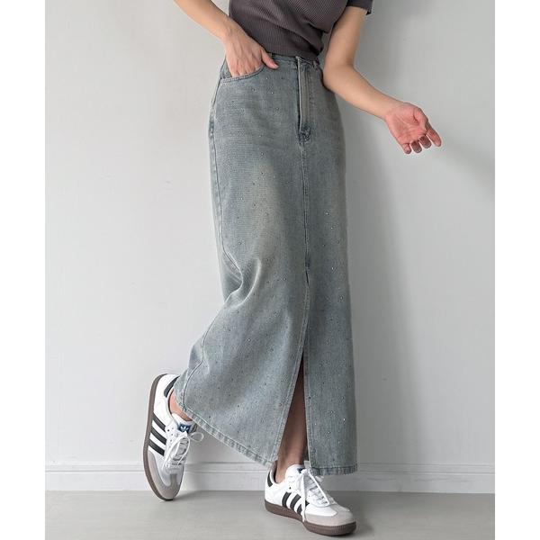 デニムスカート ラインストーンセンタースリットデニムスカート