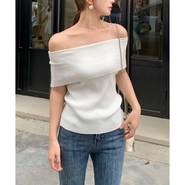 ニット セーター リブニット　ワンショル風　オフショルダーノースリニット レディース