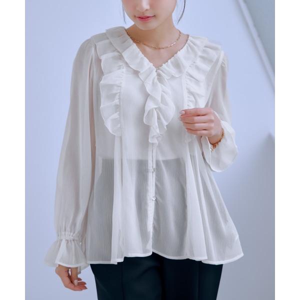 ブラウス シャツ シアー楊柳ラッフルブラウス 「低身長・小柄女性」 レディース