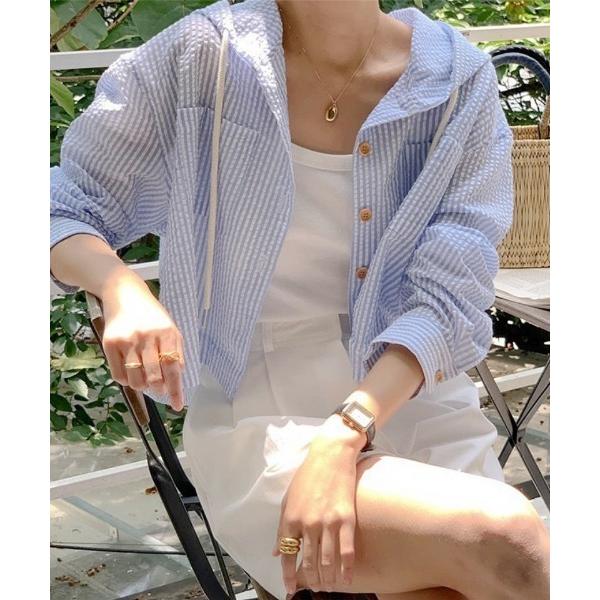 ブラウス シャツ ストライプ柄 フード付きシャツ レディース