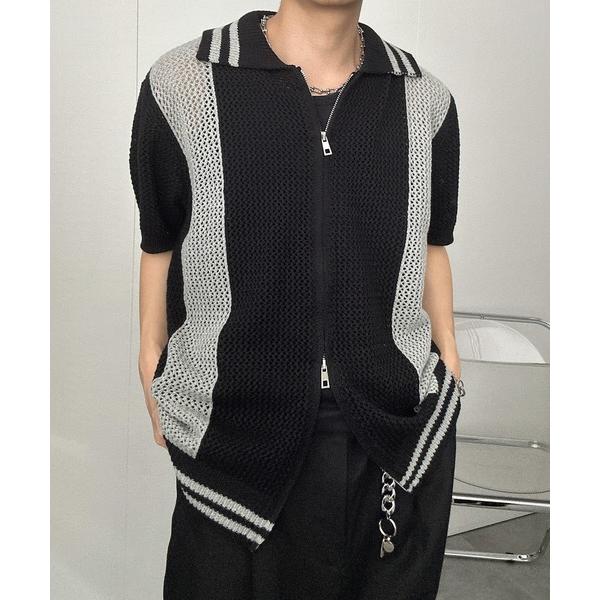 セーター ニット 透かし編みダブルジップ半袖ニット メンズ レディース