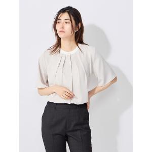 ブラウス シャツ PSFA 5分袖配色バンドカラ−BL レディース