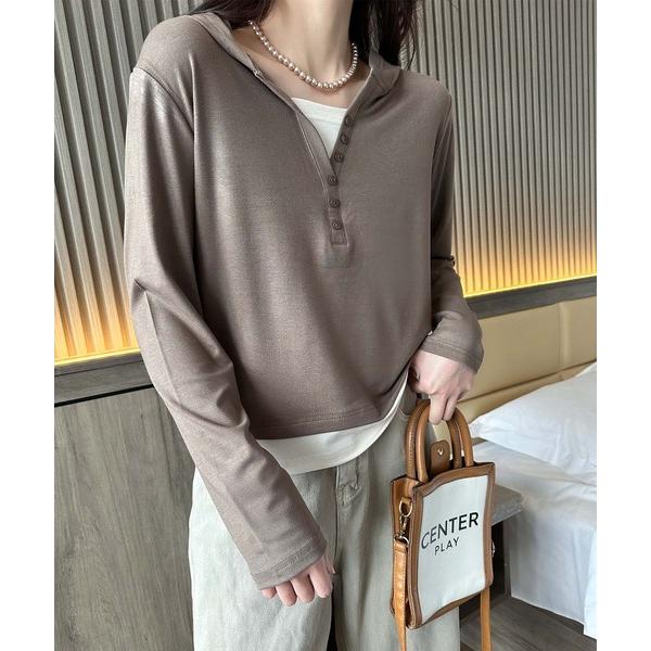 パーカー ボタンデザインフード長袖トップス レディース