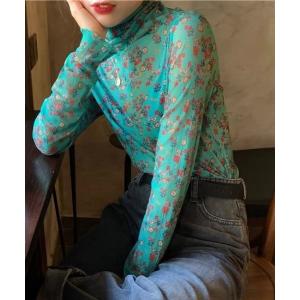 tシャツ 小花柄 ハイネック メローシアーカットソー 総柄 レディース