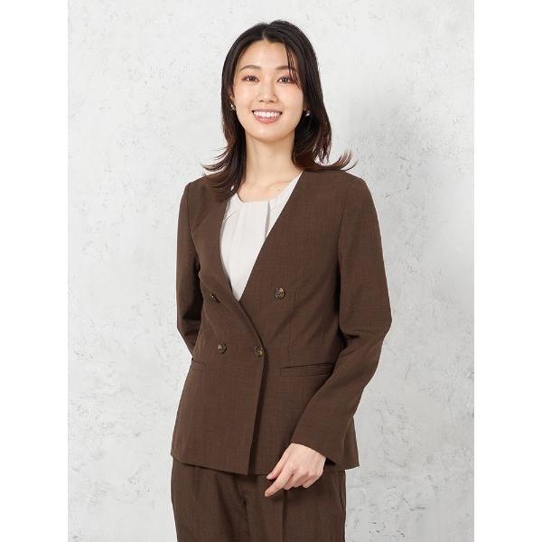 ジャケット ノーカラージャケット 「洗える」ノーカラーダブルジャケット リネンライクメランジ生地 無...