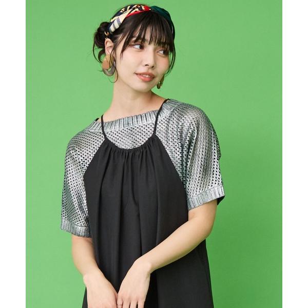 ニット セーター 「FONT LAB」メッシュ透かし編み箔プリントニット レディース