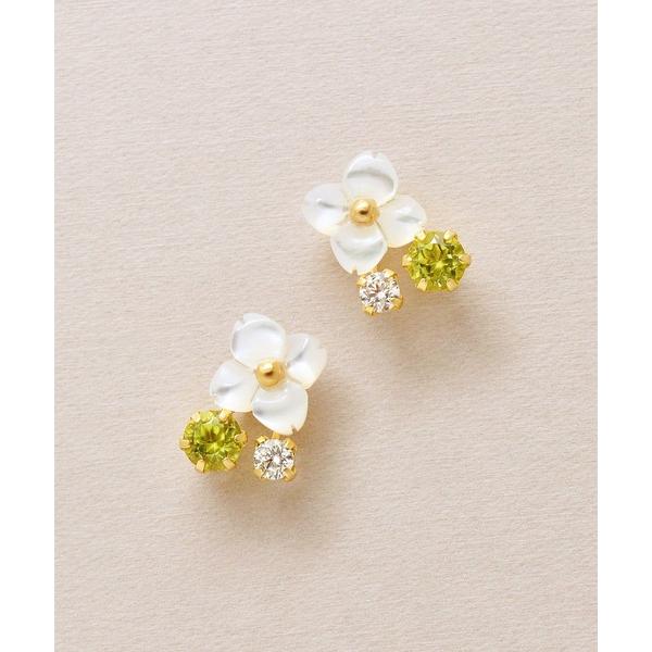 ピアス K18・K10 ホワイトシェル フラワー ワンポイントピアス( YG) レディース