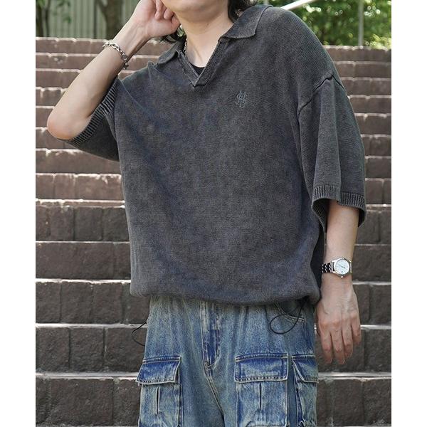 tシャツ 25SS ピグメント加工 ヴィンテージライク ワンポイント刺繍 スキッパーニット ユニセッ...