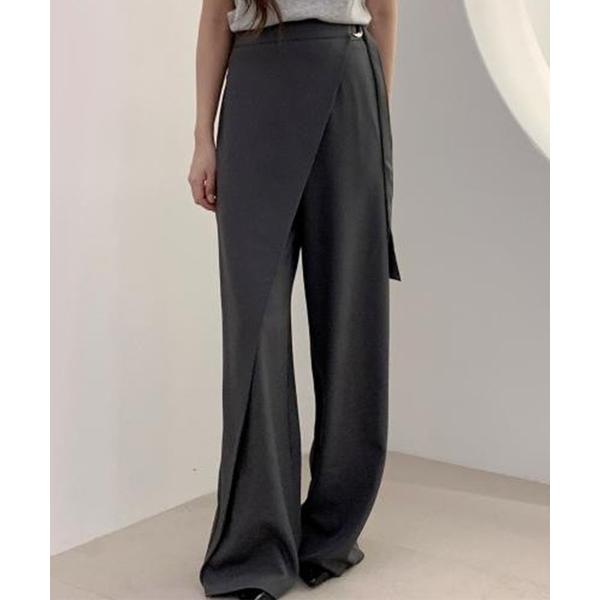 スラックス パンツ レディース 履くだけでこなれ見え。ラップデザインハイウエストストレートワイドパン...