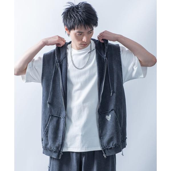 パーカー one point sleeveless zip hoodie/ワンポイント刺繍 ノースリ...