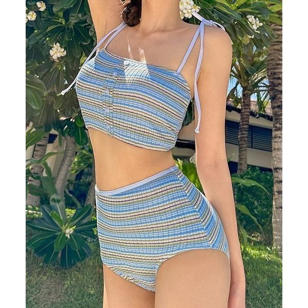 水着 Y2Kヴィンテージ風 ボーダー柄 セパレート水着2点セット レディース