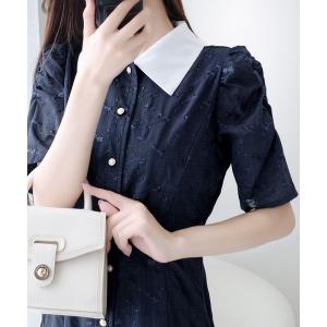 パーティードレス ワンピース 夏 半袖 「mily bilet」おしゃれと高級感の絶妙なバランス。花刺繍ガーゼレトロシャツワンピース