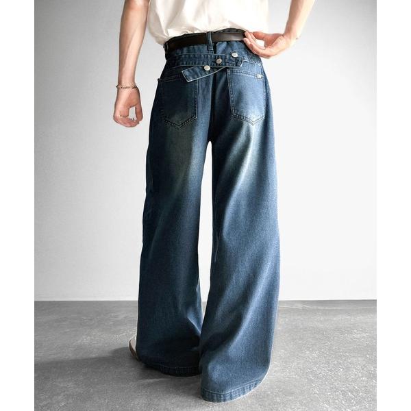 ジーンズ ボタン付きストラップデザインワイドデニム/Buttoned Strap DesignWid...
