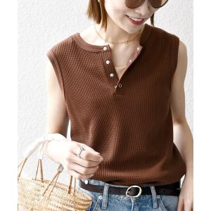 ヘンリーネック tシャツ SHIPS any:「洗濯機可能」ワッフル ヘンリーネック 2WAY ノースリーブ TEE レディース