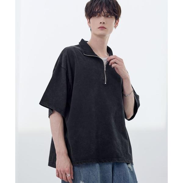 tシャツ ビッグシルエットハーフジップTシャツ 総柄ジャガード/綿100天竺 メンズ