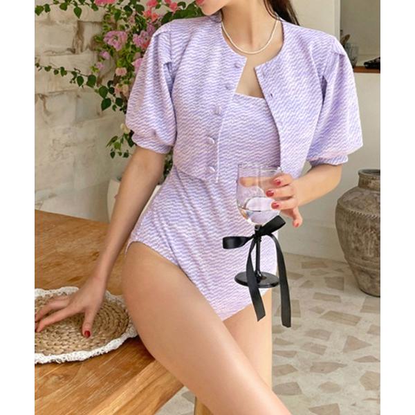 水着 2点セットスイムウェア ショートパフスリーブカーディガン＆ワンピース レディース