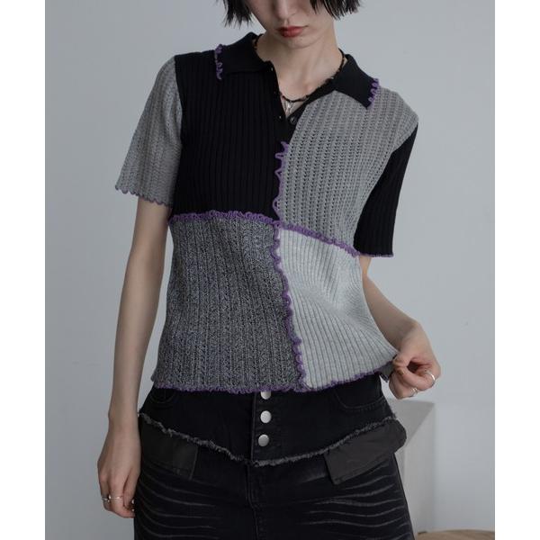 tシャツ パッチワーク透かし編みポロトップス レディース
