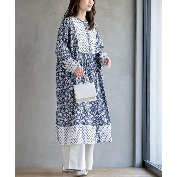 ワンピース プリント切替７分袖前開きワンピース